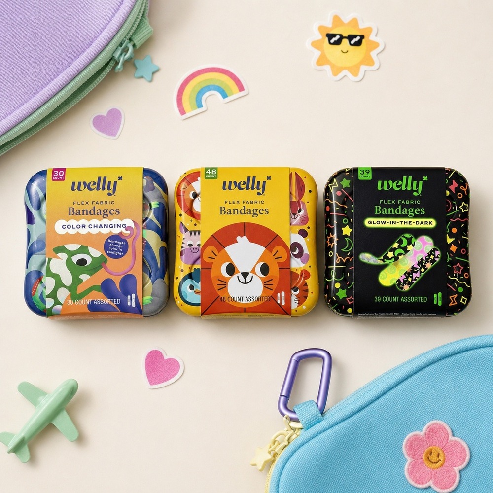Welly Flex Fabric Bandages Lot of 3 Glow in Dark Color Change Animal Tins NEW